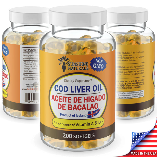 Sunshine Naturals Cod Liver Oil, Aceite De Higado De Bacalao, Immune System Health, Dietary Supplement, 200 Softgels