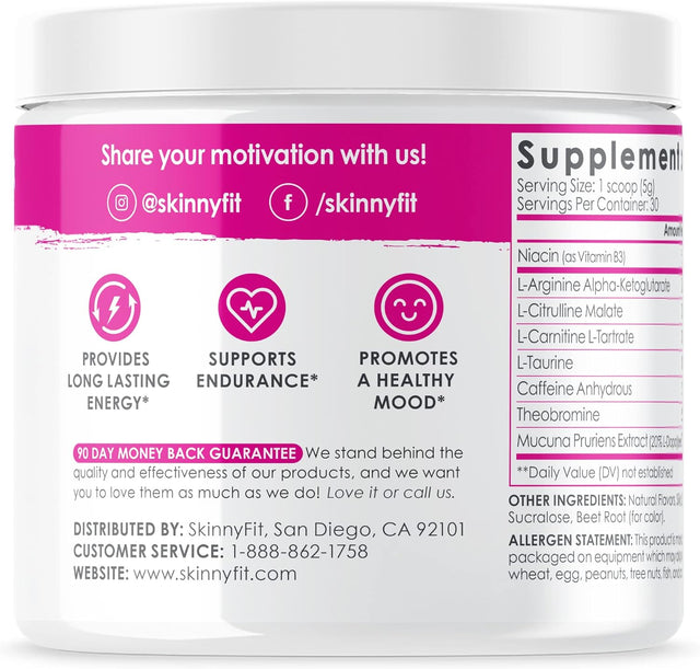 Skinnyfit Jump Start Pre Workout Supplement for Women 30 Servings - Creatine Free Powdered Mix Drink to Help Increase Energy, Focus, and Endurance, Pink Lemonade Flavor