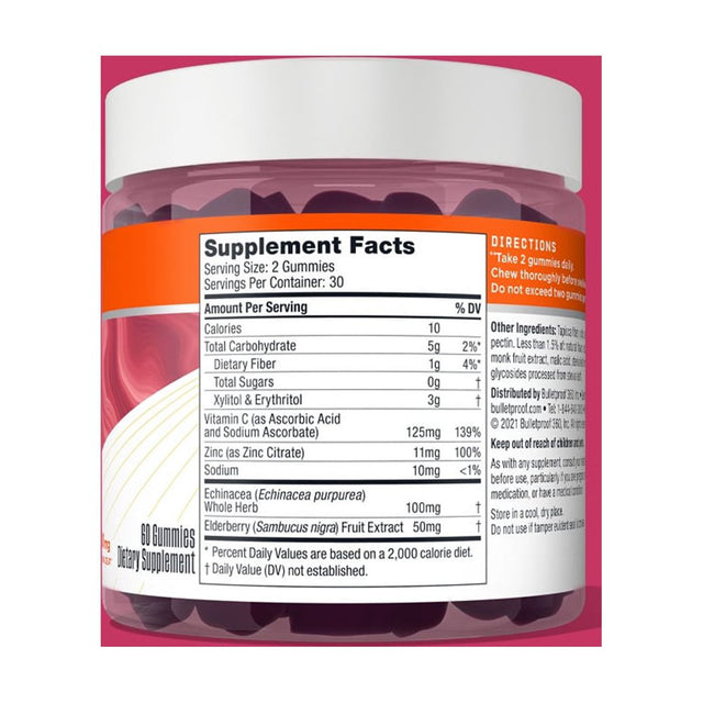 Immune Sugar-Free Gummies, 60 Count, Elderberry Raspberry Flavor | Vitamin C, Zinc, Echinacea, Elderberry | Bulletproof Keto Supplement for a Wellness, Mood, Heart, Hormone Balance