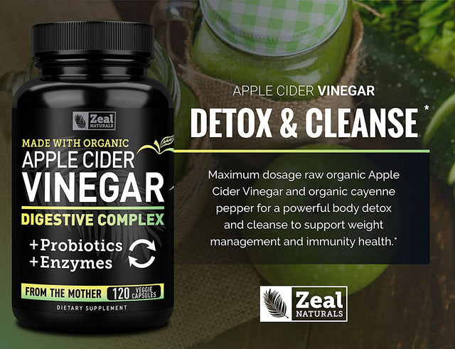 Organic Apple Cider Vinegar Capsules + Digestive Enzymes & Probiotics (1500Mg | 120 Capsules) Raw Apple Cider Vinegar Pills & Fiber Supplement for Gut Health, Immune Support, Digestion & Detox Cleanse