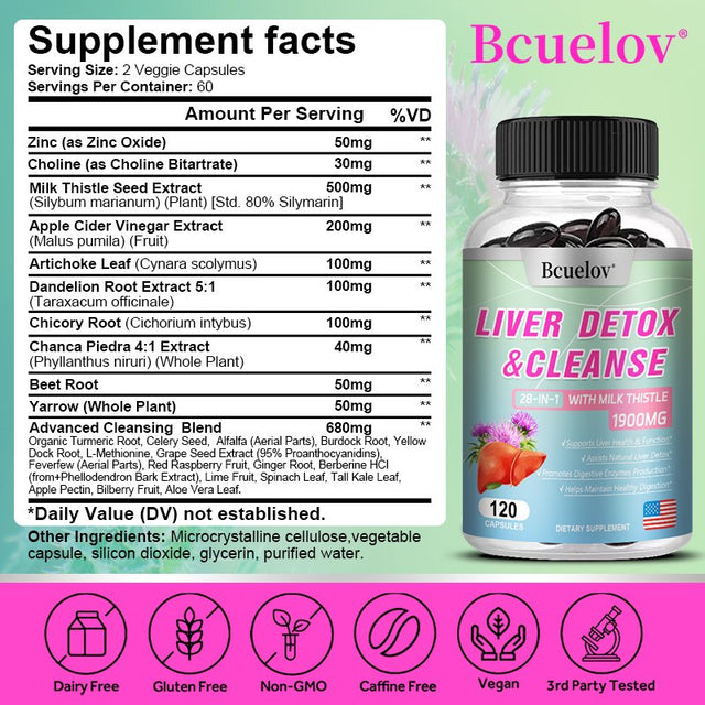 Bcuelov 28-In-1 Liver Cleanse Detox & Repair Fatty Liver Formula - Milk Thistle, Artichoke Extract, Dandelion & Apple Cider Vinegar - Liver Health Supplement Support Capsules