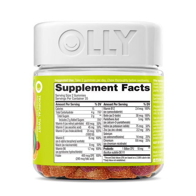 OLLY Adult Daily Multi + Probiotic Gummy, Digestive Supplement, Zinc, Antioxidants, Tropical, 70 Ct