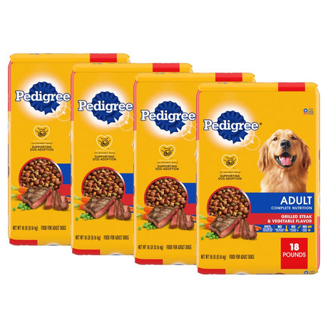 (4 Pack) PEDIGREE Complete Nutrition Grilled Steak & Vegetable Dry Dog Food for Adult Dog, 18 Lb. Bag