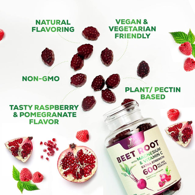 Nature'S Nutrition Beet Chews Gummies with Beetroot - Energy & Heart Health Support, Natural Nitric Oxide Production Support, Superfood Beets Soft Chews Gummy Supplement - 60 Count Beet Root Gummies