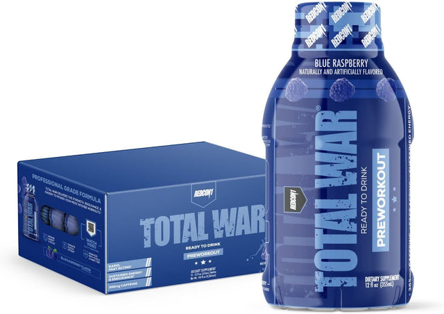 REDCON1 Total War Ready to Drink Preworkout, Blue Raspberry - 350Mg of Fast Acting RTD Caffeine - Beta Alanine + Citrulline Malate for Increased Pump - Keto Friendly Workout Drink (12 Servings)