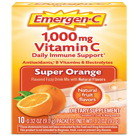 Emergen-C 1000Mg Vitamin C Powder, with Antioxidants, B Vitamins and Electrolytes for Immune Support, Caffeine Free Vitamin C Supplement Fizzy Drink Mix, Super Orange Flavor - 10 Count