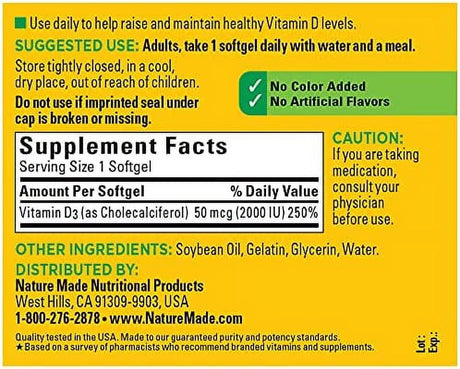 Nature Made Vitamin D3, 250 Softgels, Vitamin D 2000 IU (50 Mcg) Helps Support Immune Health, Strong Bones and Teeth, & Muscle Function, 250% of the Daily Value for Vitamin D in One Daily Softgel