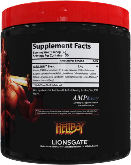 Insane Labz Insane Amino Hellboy Edition, BCAA with Energy Focus Muscle Recovery, Intra Workout Powder, 2 1 1 Branched Chain Amino Acid Powder, 30 Srvgs, Lemonade