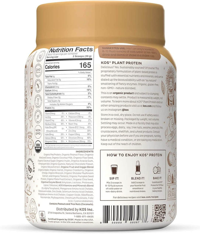 KOS Organic Plant Based Protein Powder, Chocolate Peanut Butter - Delicious Vegan Protein Powder - Keto Friendly, Gluten Free, Dairy Free & Soy Free - 1.3 Pounds, 15 Servings