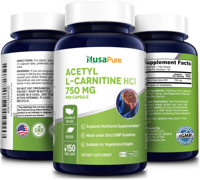 Nusapure Acetyl L-Carnitine 750Mg per Caps 150 Veggie Capsules (Non-Gmo, Gluten Free) High Potency Acetyl L Carnitine HCL (ALCAR)