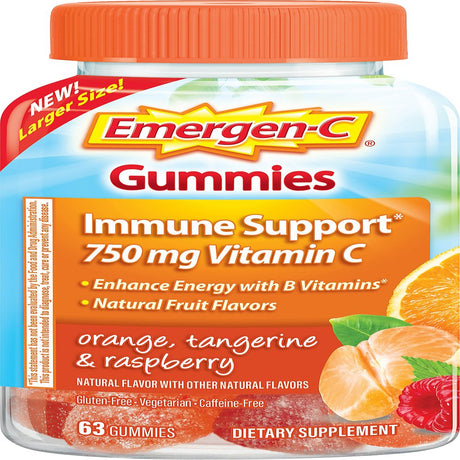 Emergen-C 750Mg Vitamin C Gummies for Adults, Immune Support with B Vitamins, Gluten Free, Orange, Tangerine and Raspberry Flavors - 63 Count