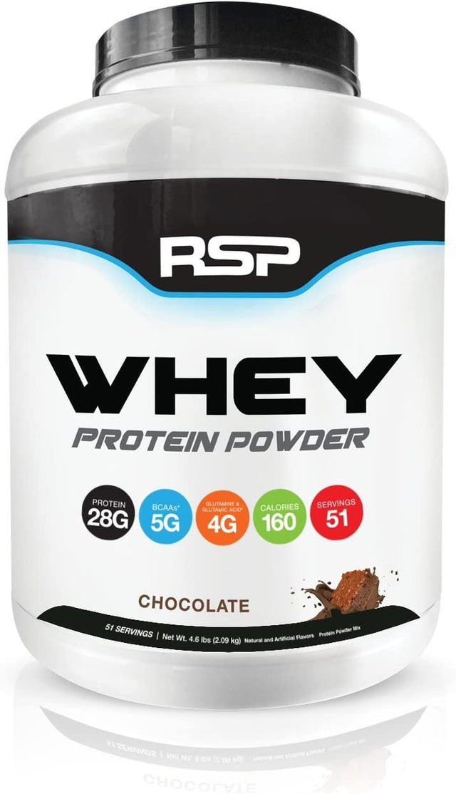 RSP Whey Protein Powder (5LB) - 27G Premium Whey Protein Shake with Bcaas and Glutamine, Post Workout Recovery Protein Supplement, 51 Servings (Chocolate)