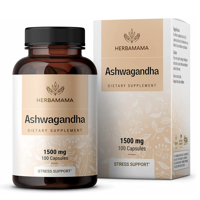 HERBAMAMA Ashwagandha Root Powder Capsules for Energy, Mood and Stress Support, 100 Ct