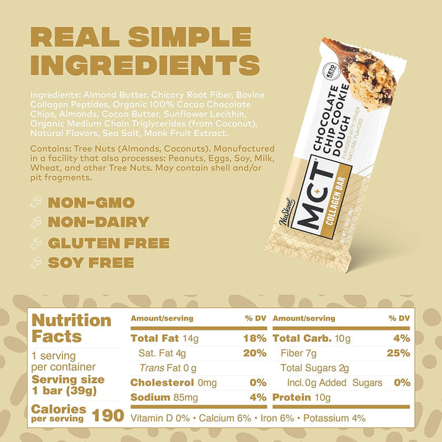 MCT Collagen Bar by Nuskool, Chocolate Chip Cookie Dough (12 Pack) - Delicious & Clean, Keto Friendly Protein Snacks - 3G Net Carbs - Gluten Free, Dairy Free, Soy Free & Non-Gmo