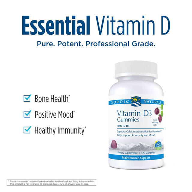 Nordic Naturals Pro Vitamin D3 Gummies, 1000 IU, Wild Berry, Non-Gmo 120 Ct