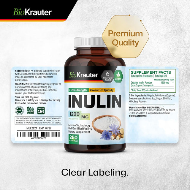 Inulin Powder Capsules - Organic Fiber Supplement - 1200Mg Chicory Root Fiber Pills for Digestive Support - Pure Soluble Fiber Supplements - 250 Vegan Tablets