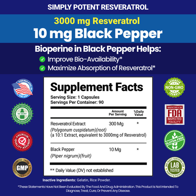 Resveratrol 3000Mg Supplement, Max Strength 3X Resveratrol 1000Mg, 90 Caps 3 Mon Supply, Enhanced with Black Pepper for Max Absorption, Powerful Antioxidant & Anti-Aging Pills for Heart, Immune & Skin