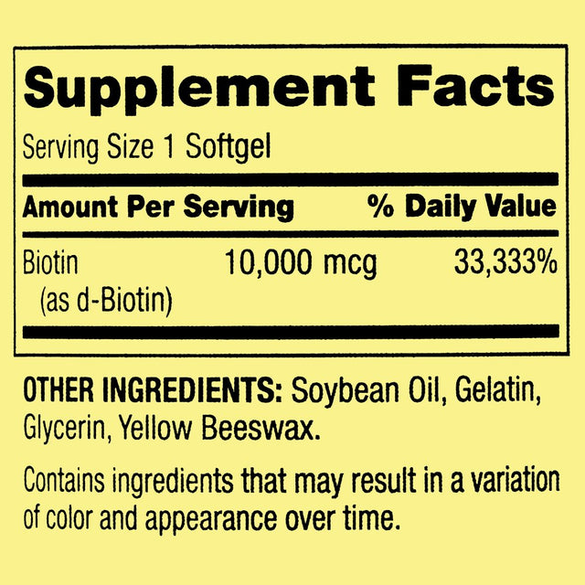 Spring Valley Biotin Hair/Skin/Nails Health Dietary Supplement Softgels, 10,000 Mcg, 120 Count