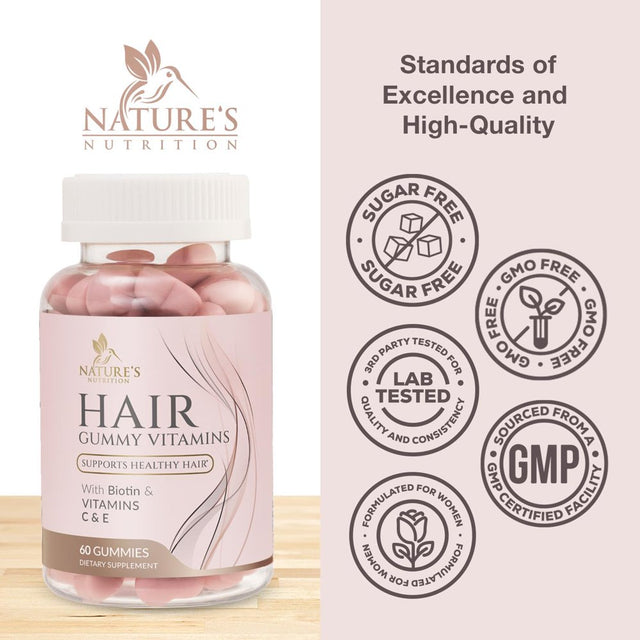 Sugar Free Hair Vitamins Gummies with Biotin 5000 Mcg, Vitamin A, B12, C, D, E, Folic Acid, Supports Hair Growth Gummy, Vegetarian Friendly, Supports Strong Beautiful Hair and Nails - 60 Gummies