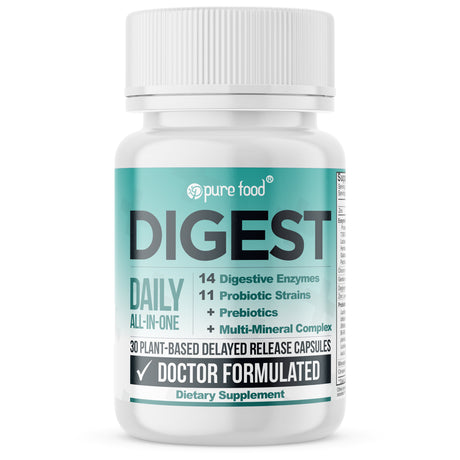 Pure Food Digest | 14 Digestive Enzymes plus 11 Probiotics, Prebiotics & Soothing Herbs | Support Gut Health Naturally | Doctor Formulated, Vegan | 30 Plant-Based Capsules