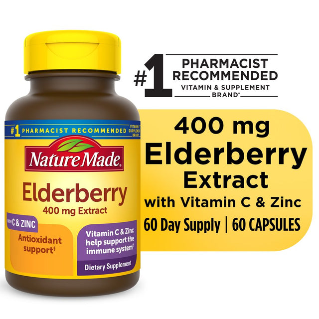 Nature Made Elderberry 400 Mg Extract with Vitamin C and Zinc Capsules, Dietary Supplement, 60 Count