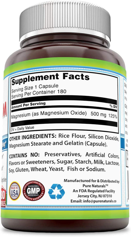 Pure Naturals Magnesium Oxide 500Mg 180 Capsules Supplement | Non-Gmo | Gluten Free | Made in USA