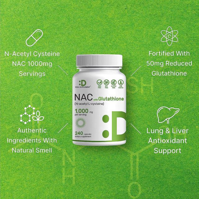 NAC Supplement 1,000Mg per Serving | 240 Capsules, N-Acetyl Cysteine with Glutathione 50Mg – Antioxidant Support for Immune Health, Lung, & Liver Function