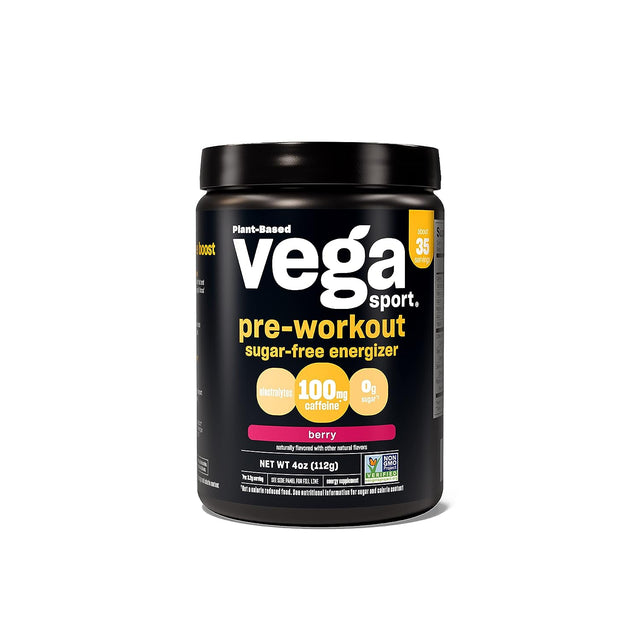 Vega Sport Sugar Free Pre-Workout Energizer, Berry - Pre Workout Powder for Women & Men, Supports Energy and Focus, Electrolytes, Vegan, Keto, Gluten Free, Non GMO, 4 Oz