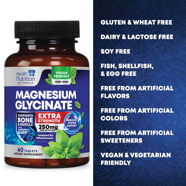 Magnesium Glycinate 250 Mg - Natural, High Absorption Magnesium Tablets Chelated for Muscle, Nerve, Bone & Heart Health Support - Gentle Form, Non-Gmo, Gluten Free, Vegan Supplement - 60 Tablets