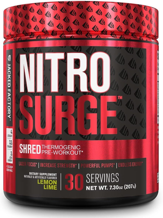 Jacked Factory NITROSURGE Shred Pre Workout Supplement - Energy Booster, Instant Strength Gains, Sharp Focus, Powerful Pumps - Nitric Oxide Booster & Preworkout Powder - 30Sv, Lemon Lime