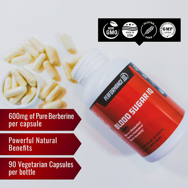 Blood Sugar IQ - Pure Berberine 600Mg Capsules Blood Sugar Support, Glucose Metabolism, Diabetes Support, Weight Management, Healthy Lipid Levels, Non GMO, Made in the USA - 90 Vegetarian Capsules