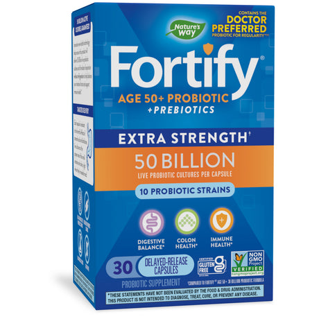 Fortify Age 50+ Extra Strength Probiotic Capsules, 50 Billion Live Cultures, Digestive Health*, 30Ct