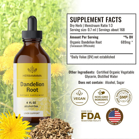 HERBAMAMA Dandelion Root Liquid Extract 4 Fl Oz- Organic Tincture for Immune Support