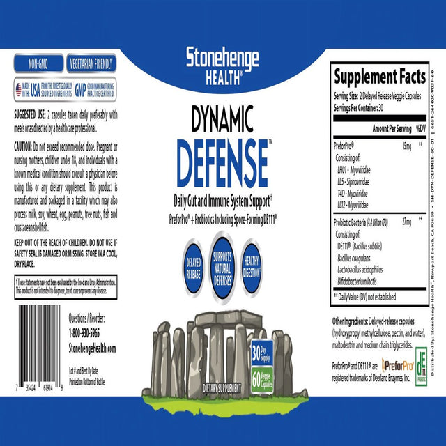 Stonehenge Health Dynamic Defense - Probiotic Booster with Preforpro - Improves & Promotes Healthy Gut & Immune System Health - Non-Gmo Gluten Free Veggie Caps - 1 Month Supply per Bottle (1 Pack)