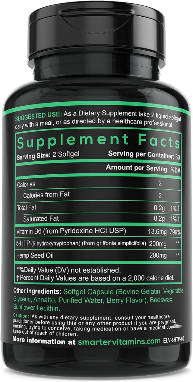 200Mg 5-HTP + Vitamin B6, Natural Stress Relaxation, Mood & Sleep Boost, Extended Time Release, 60 Softgels, 30 Servings