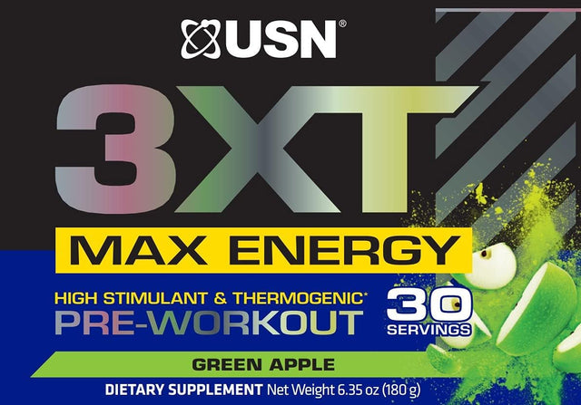 USN 3XT Max Energy Pre-Workout Supplement Powder for Energy, Endurance, and Pump, Preworkout Drink Mix, Nitric Oxide, Citrulline, Caffeine, Zero Creatine, Green Apple (30 Servings)