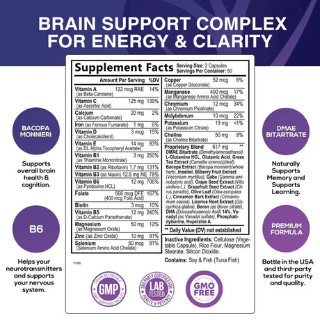 Brain Supplement for Memory and Focus - Nootropics for Concentration, Energy, Cognitive, & Mental Clarity Support, Bacopa Powder, B Vitamins, Phosphatidylserine, DMAE Brain Booster - 120 Capsules