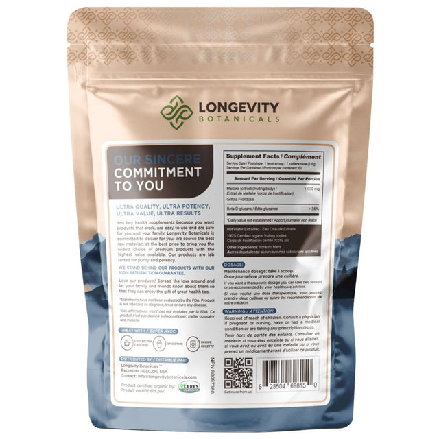 Longevity Botanicals Organic Maitake Mushroom Supplement Powder (3.5 Oz/100 Grams), Immune Support