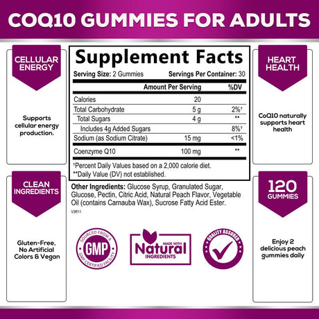 Coq10 Gummies, Coq10 100 Mg Supplement for Heart Health Support & Cellular Energy Production - Gluten Free Vegan & Non-Gmo Antioxidant with Max Absorption Coenzyme Q10 Gummy Supplements - 60 Gummies