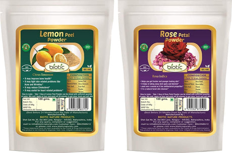 Biotic Lemon Peel Powder and Rose Petal Powder (100G Each) - 200 GMS