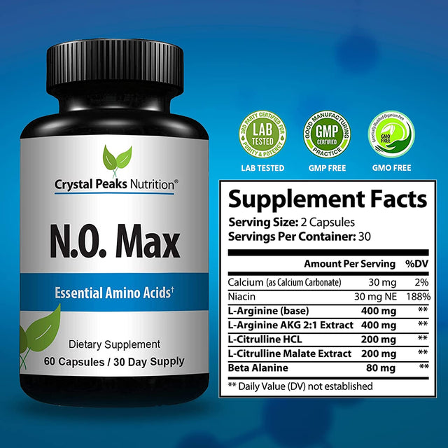 N.O. Max Nitric Oxide Supplement - L Arginine, Citrulline Malate, AAKG, Beta Alanine Pre-Workout Performance Amino Acids - 60 Capsules