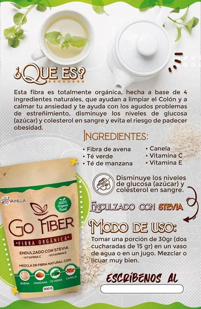 Organic Fiber 100 Percent Natural, Fibra Organica. Ingredientes: Té Verde, Té De Manzana, Canela, Vitamina C Y Vitamina E, 16 Ounce