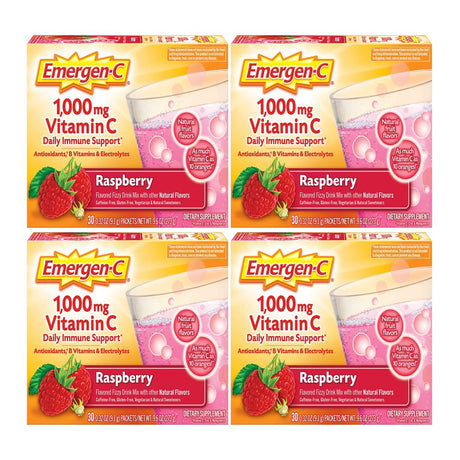 Emergen-C Vitamin C Fizzy Drink Mix Raspberry 1000 Mg 30 Packets Pack of 4