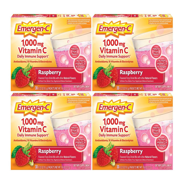 Emergen-C Vitamin C Fizzy Drink Mix Raspberry 1000 Mg 30 Packets Pack of 4