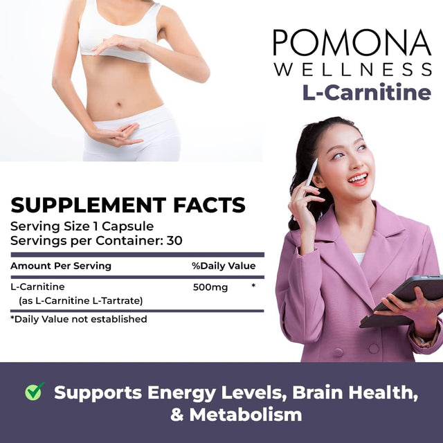 Pomona Wellness L- Carnitine, Helps Boost Metabolism, Supports Cognitive Health Cardiovascular Functions and Metabolic Health, 500Mg per Serving, Non-Gmo, 30 Capsules