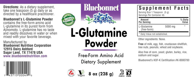 Bluebonnet Nutrition L-Glutamine Powder - 5000Mg of Free-Form L-Glutamine – for Immune & Nitrogen Transporter - Soy-Free, Gluten-Free, Non-Gmo, Kosher Certified, Vegan - 8 Oz, 45 Servings - Flavorless