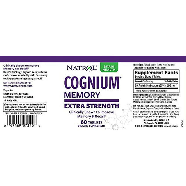 Natrol Cognium Extra Strength Tablets, Brain Health, Keeps Memory Strong, #1 Clinically Studied, Shown to Improve Memory and Recall, Enhances Mental Agility, Safe and Stimulant Free, 200Mg, 60 Count