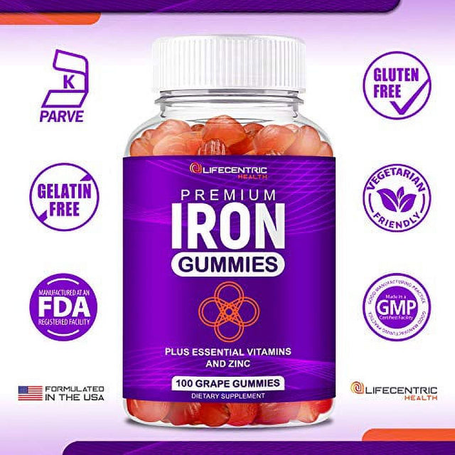 Lifecentrichealth Iron Gummies for Adults & Kids , Biotin Zinc Vitamin B Folic Acid Gummies , Vegan Gluten Free Blood Builder Anemia Supplements , Tasty Energy Boosting Iron Supplement for Women & Men