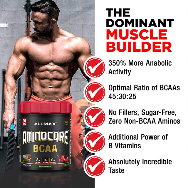 ALLMAX AMINOCORE BCAA, Watermelon - 315 G Powder - 8.18 Grams of Bcaas per Serving - with B Vitamins - No Fillers or Non-Bcaa Aminos - Sugar Free - 30 Servings