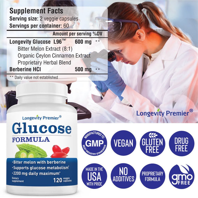 Longevity Glucose Formula - Supports Glucose Metabolism. - Berberine, Bitter Melon, Cinnamon and More.